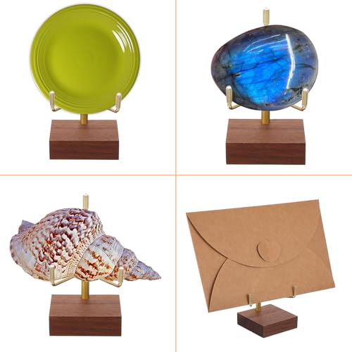 Sibba Adjustable Metal Arms Display Stand with Walnut Base Small Display Easel Holder Crystal Displays Stand Home Décor Accents Rack for Geodes Fossils Rocks Small Plates Photos (3.15x1.97x0.59 in)