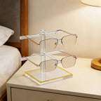 2-Tier Acrylic Sunglasses Display Stand, Clear Glasses Stand for 2 Pairs, Luxury Gold Trimmed Eyeglasses Holder for Oversized Frames & Reading Glasses, Compact Nightstand Desktop & Retail Counter - size: 1PC(2-TIER)