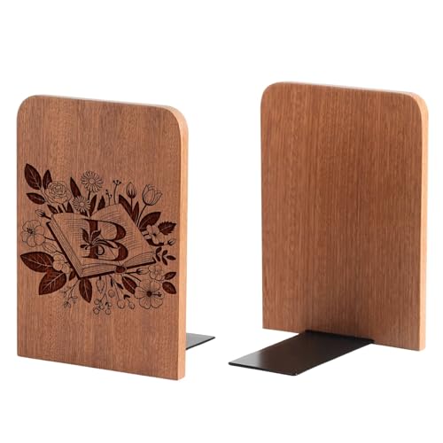 Wood Bookends, Book Ends for Shelves with Decorative Alphabet A and Z Design - Heavy Duty Iron & Ebony Wood Book Ends for Shelves Bookcase Desk - 1 Pair - B - color: B