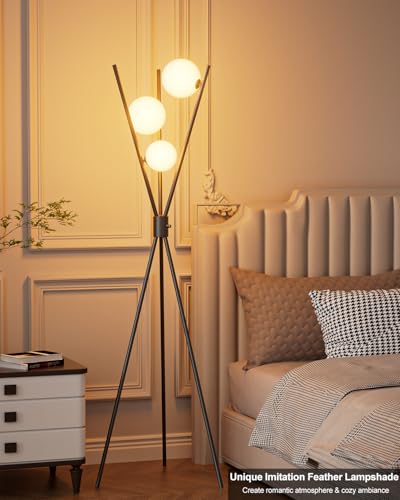 3 Globe Dimmable Tripod Floor Lamp, Mid Century Standing Lamps with 3Pcs 3000K Bulbs Included, Modern Tall Lamp for Living Room Bedroom Office-Black - color: 3 Globe-Black