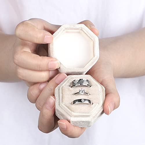 WantGor Velvet Ring Box, 3 Slots Jewelry Ring Gift Box Vintage Ring Display Holder Case for Wedding Ceremony Proposal Engagement (Beige) - color: Beige