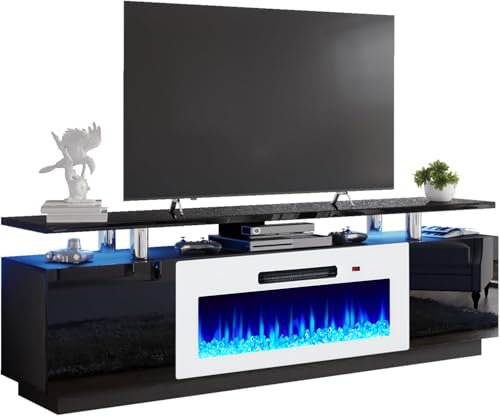 AMERLIFE Fireplace TV Stand with 36" White Fireplace, 70" Modern Fireplace Entertainment Center LED Lights, 2 Tier TV Console Cabinet for TVs Up to 80", Black & White - color: Black & White, size: 70"