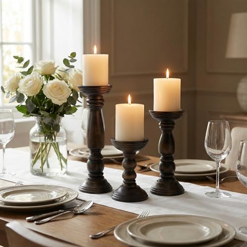 Farmhouse Wooden Candle Holders for Pillar Candles Set of 3, Rustic Wood Candle Holder Table Centerpiece Decor, 12'' 9'' 6'' Vintage Tall Candle Stand Decorative, Dark Brown - color: Vintage Brown