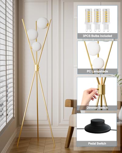 3 Globe Dimmable Tripod Floor Lamp, Mid Century Standing Lamps with 3Pcs 3000K Bulbs Included, Modern Tall Lamp for Living Room Bedroom Office-Gold - color: 3 Globe-Gold Tripod