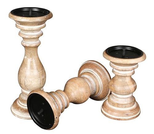 Pillar Candle Holders Set of 3 (10",8" & 6" Height)_White Wash,Candle Holder in Mango Real Wood,Decorative Candle Holders for Table Centerpiece, Wedding, Party, Home Décor, Spa, Farmhouse, Gifting - color: White Wash, size: 10"+8"+6" - High