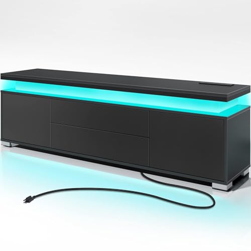 Rolanstar TV Stand with Power Outlet & LED Lights, Modern Entertainment Center for 32/43/50/55/65 Inchs TVs, TV Table, Universal Gaming LED TV Media Stand with Large Storage Cabinet, Black - color: Black