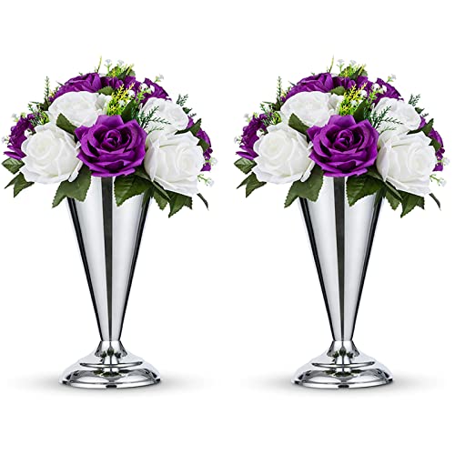 2 Pcs Tabletop Silver Metal Wedding Flower Trumpet Vase, 9.8 inch Table Decorative Centerpiece Artificial Flower Arrangements for Anniversary Ceremony Party Birthday Event Aisle Home Decoration - color: Silver, size: 9.8 inch x 2 Pcs