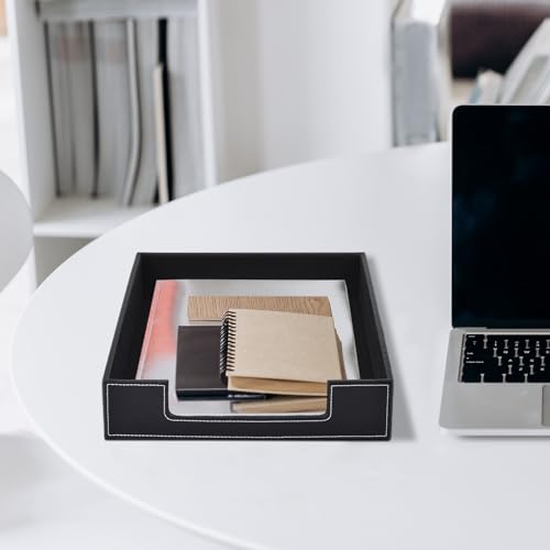Leather 1-Layer Letter Tray Stackable File Document Tray,A4 Paper Case Rack Desk Office Supplies Organizer Holders,Desktop Organization, Pen Mail Magazine Storage Box(Black) - color: Black