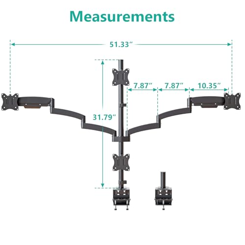 WALI Quad Monitor Mount for 13-27 inch Screens, Extra Tall 4 Monitors Desk Mount, up to 19.8lbs, 32.2 inch Height Max, Fully Adjustable 4 Monitor Arms, VESA 75/100mm (GSDM004S), Black - size: 13"-27", style: Quad Arms