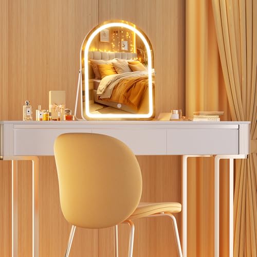 Hasipu Vanity Mirror with Lights and Bluetooth Speaker, 13.8"× 18" Arched LED Makeup Mirror, Lighted Makeup Mirror with Lights, Smart Touch Control Dimmable 3 Modes Light 360°Rotation White - size: 13.8"L x 18"W