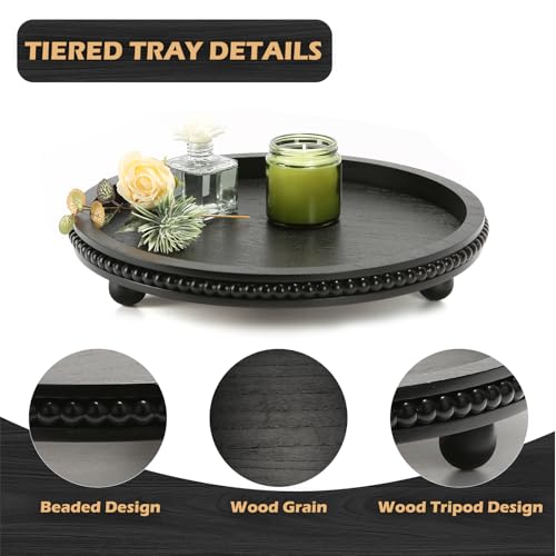 Wooden Beaded Decor Tray for Coffee Table, Rustic Wooden Trays Table Centerpieces, Decorative Trays for Home Decor Kitchen Table Farmhouse Serving Tray (Round Black) - color: Round Black