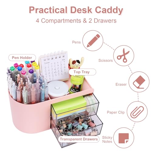 Meiikun Desk Organizer with Drawer, Pen Organizer for Desk, Small Pencil Holder, Desk Organizers and Accessories for Office Home Storage (2 Drawers+4 Compartments, Pink) - color: 4 Compartments + 2 Drawer (Pink)