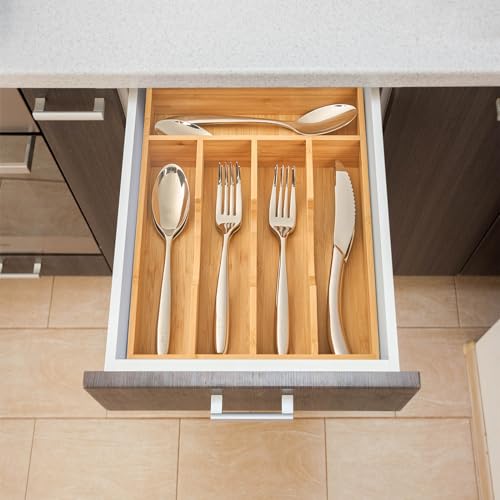 Umilife Bamboo Kitchen Drawer Organizer, 9 Inch Silverware Utensils Tray Holder for Small Drawer, Wood Caddy for Flatware Cutlery Knives - size: 9 x 13 inch (5 Slots)