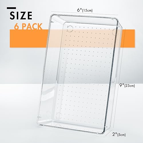 HOUSE DAY Desk Drawer Organizer Bins 6 PCS, 9*6*2" Clear Drawer Organizers with Silicone Pads, Vanity Organizers and Storage, Non Slip Plastic Drawer Organizer for Makeup, Bathroom, Kitchen, Office - size: 6 Pack -9x6x2"