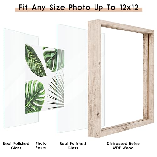 MUYE 12x12 Floating Frame Distressed Beige White Wood Pattern,Double Glass Square Picture Frame Set of 2 Display Any Size Photo up to 12x12,Wall Mount or Tabletop - color: Beige, size: 12x12