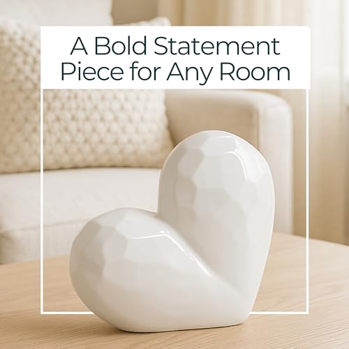 Decorative Ceramic Heart Sculpture for Home Decor - Ornament for Bathroom, Office, and Living Room Decor - Modern Figurine Accent for Bedroom, Shelf Display, and Coffee Table - 8", White - color: White, size: 8x3x8
