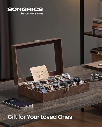 SONGMICS Watch Box, 12-Slot Watch Case Organizer with Large Glass Lid, Removable Pillows, Gift for Loved Ones, Coffee Brown Synthetic Leather, Coffee Brown Lining UJWB120KQ01S - color: Brown + Brown, size: 12 Slot