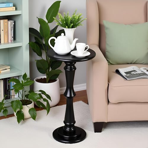 SwallowLiving Solid Wood Side Table - 12" Round Pedestal Drink Table for Small Spaces - Modern Black End Tables for Sofa Side & Narrow Nightstand - Elegant Tall Plant Stand & Accent Tables - 25" H - color: Black Hourglass