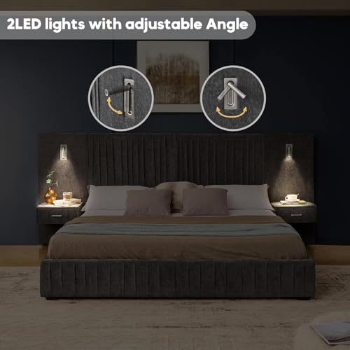 Luxury Queen Size Bed Frame with Oversized Upholstered Headboard, Modern Chenille Upholstered Platform Bed Frame with Gold LED Lights, Nightstands, No Box Spring Needed, Dark Grey - color: Dark Grey, size: Queen