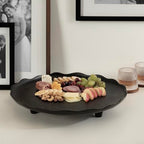 Kate and Laurel Alessia Modern Decorative Scalloped Round Footed Metal Tray; 16 Inch Diameter; Black; Transitional Food-Safe Cast Aluminum Pedestal Tray with Rough Texture and Deckled Edge - color: Black