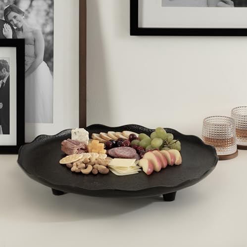 Kate and Laurel Alessia Modern Decorative Scalloped Round Footed Metal Tray; 16 Inch Diameter; Black; Transitional Food-Safe Cast Aluminum Pedestal Tray with Rough Texture and Deckled Edge - color: Black