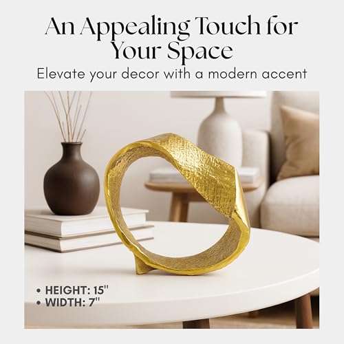 Twisted Hammered Ring Decorative Object – Aluminum Loop Sculpture & Statue Modern Home Decor Accent – Shelf Styling & Coffee Table Decor for Office & Living Room – 8", Gold - size: 7"