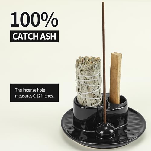 Palo Santo Sticks Holder, Multi-Purpose Handmade Ceramic Incense Burner for Palo Santo Incense Sticks, Sage Holder for Burning, Ash Catcher Tray for Meditation Yoga Room (Black) - color: Black