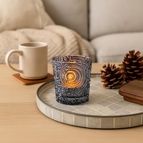 6 Pack Sun Moon Star Embossed Glass Tea Light Candle Holders - Votive Candle Holders for Wedding, Party, Home Decor, and Table Centerpieces (Gray) - color: Slate Gray