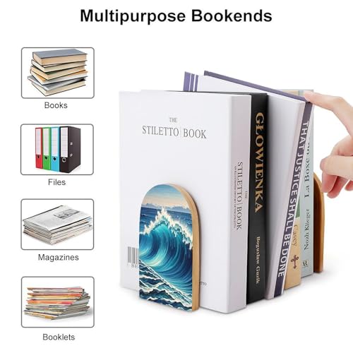 Blue Wave Art Bookends 1 Pair Heavy Duty Book Ends for Shelves Non-Skid Bookend Supports Wooden Book Holders with Metal Base Desk Organizers Books Storage to Hold Books