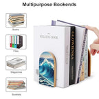 Blue Wave Art Bookends 1 Pair Heavy Duty Book Ends for Shelves Non-Skid Bookend Supports Wooden Book Holders with Metal Base Desk Organizers Books Storage to Hold Books