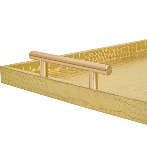 Set of 2 Modern Elegant Large Wood Serving Tray, Rectangle Decorative Tray Ottoman Tay Coffee Table Tray, Gold Crocodile Leather with Gold Polished Metal Handles - style: Golden Crocodile Tray