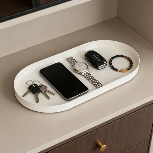 Oval Key & Wallet Tray, 12"x6"x0.8" Metal Valet Tray for Entryway Table, Minimalist Catch All Tray for Keys, Wallet, Jewelry, White