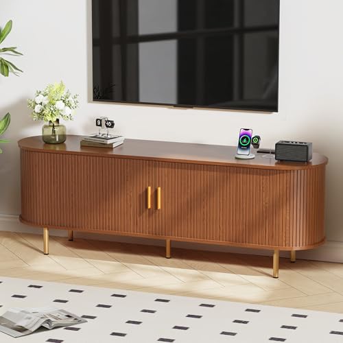 DHH 63 Inch Mid Century Modern TV Stand with Power Outlet for TVs up to 70 Inch, Entertainment Center with Storage and Adjustable Shelves, Media Console with Sliding Doors for Living Room(Walnut) - color: Walnut, size: 63 Inch