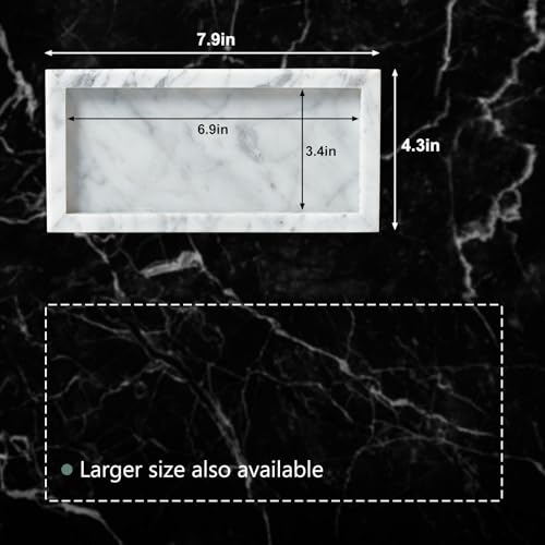 Natural Small Marble Vanity Tray, Luxury Stone Organizer for Bathroom & Kitchen | Holds Soap Dispenser, Jewelry, Perfume | Non-Resin, Non-Ceramic Décor - color: White, size: 7.9" x 4.3" x 0.8"