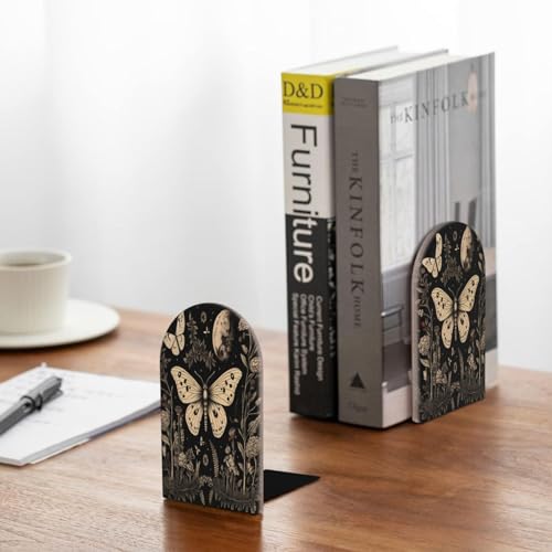 Decorative Bookends 2 Pcs Vintage Gothic Floral Moon Butterfly Wood Bookends for Shelves Heavy Books Kids Non-Skid Book Ends Stoppers for Office Desk Kitchen School - color: Vintage Gothic Floral Moon Butterfly