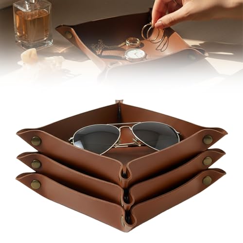 3 PACK PU Leather Jewelry Valet Tray Organizer, Foldable & Portable Catch All Bowl for Entryway Table, Nightstand, Desk & Travel | Storage Dish for Keys, Watch, Coin, Glasses (Brown) - color: Brown