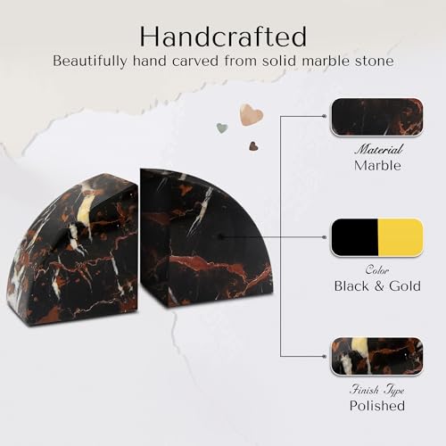 Modern Wedge Shaped Marble Bookends – Hand Carved, Polished Stone Bookends w/Non Slip Rubber Pads – Lightweight & Compact Decorative Bookends - Versatile, Luxury Book Organizer for Shelf & More - color: Black & Gold