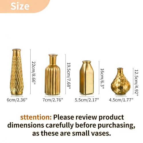 NUPTIO Gold Bud Vases for Flowers: Set of 4 Small Glass Flower Vase Bulk - Vintage Bottles for Wedding Centerpieces for Tables Decor Decorative Home Centerpiece Decorations