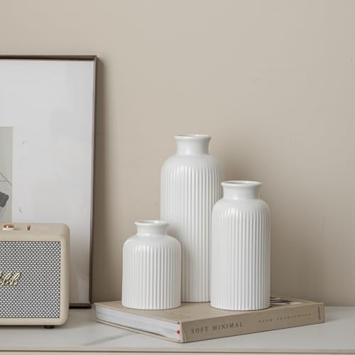 Large Modern Ceramic Vase Set, White Ribbed Matte Design, 10 Inch Tall, 4 Inch Width, 3-Piece Decorative Vases for Home, Living Room, Office (XL Matte Glaze White) - color: XL Matte Glaze White