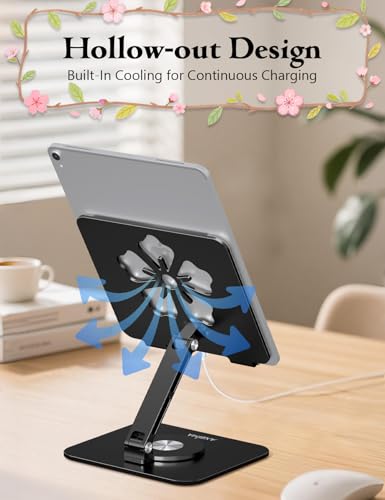 Tablet Stand for iPad, 360° Rotating Aluminum Foldable Holder – Adjustable Desk Stand | Fits iPad Pro 12.9/11,Samsung Galaxy Tab – Portable for Home, Office & Travel,Black - color: Black