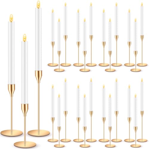 FillTouch 30 Pcs Gold Candlestick Holders with Flameless LED Candles Bulk Includes 15 Metal Candle Holders and 15 Battery Operated Taper Candles for Wedding Valentines Table Centerpieces Home Decor - color: Gold Holders, White Candles