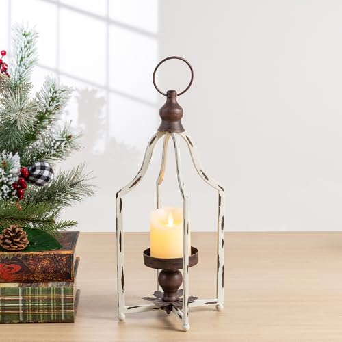 Glitzhome 16.5" H Farmhouse Lanterns Decorative Indoor Outdoor, White Metal Candle Lanterns, Hanging Candle Holder for Fireplace Patio Porch Garden Wedding & Holiday Decor - color: White Small