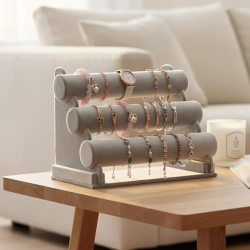 Wudygirl Triple Bracelet Holder Velvet Jewelry Display Stand Watch Bangle Bar Necklace Storage Organizer Gray (Ice Velvet 3 Tier) - color: Gray, size: L