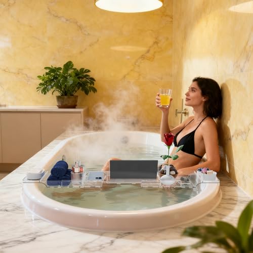 Yieach Luxury Clear Acrylic Bathtub Tray with Book Holder,Expandable Bath Tray for Tub and Bath Shelf Over Tub,Plastic Bath Table & Board,Bath Caddy Trays & Accessories for Women Relaxing Spa Gifts - size: L - (33.1 to 41.4 in）