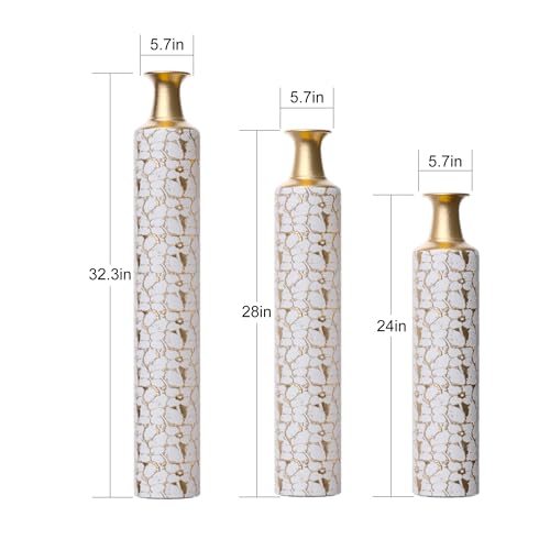 Floor Vases, Tall Home Decor Metal Vase Set of 3 Large Glazed Decorative Vases for Wedding Decor, Elegant Modern Flower Holder for Living Room, Entryway, Hallway, Dining Room - color: Pebble Ivory Gold