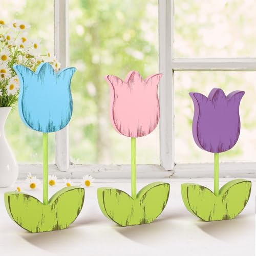 3 Pcs Spring Table Decorations Tulip Wooden Set Tabletop Farmhouse Spring Tiered Tray Decor Hello Spring Decorations for Home (Tulip)