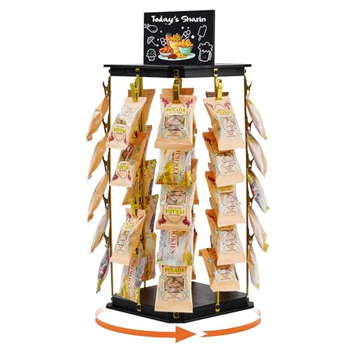 Pinzoveco Chip Rack Display Stand, 5 Tiers 40 Clips Snack Organizer for Office Desk, 360° Rotating Wooden Base Chip Holder Candy Display for Concession Stand, Countertop, Party, With Message Board - color: Black & Gold