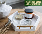 Comfify Honeycomb Wooden Serving Trays with Golden Handles – Set of 2 Hexagon Nesting Trays – Large and Small Wood for Food, Ottoman Decor, Coffee Table, Kitchen, Breakfast - White