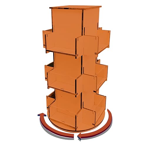 Rotating Display Stand, 3 Tier Wooden Organizer, 4-Sided Display Rack, 360 degree Spinning Multi-Pocket Tabletop Display Stand for Coasters, Stickers, Retail, Showcase, Tradeshow, 17”H, Orange - style: ORANGE