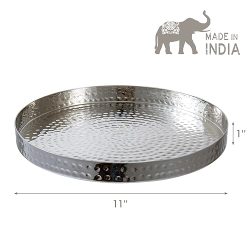 MyGift 11 Inch Silver Round Tray - Hammered Metal Serving Tray & Decorative Silver Platter for Vanity Display - Handcrafted in India - color: Silver (11 Inch)